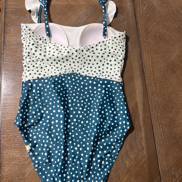 NWOT Summersalt ruffle oasis one piece swimsuit bathing suit teal and white dots - Picture 7 of 8